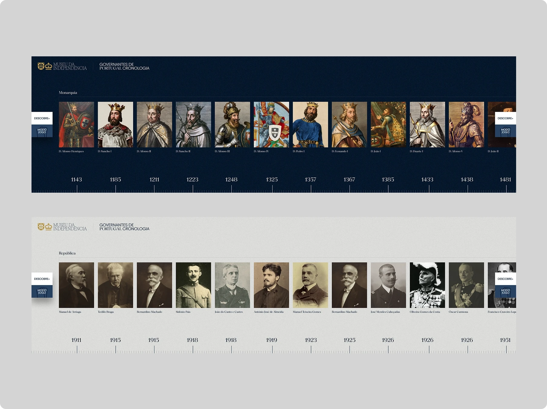 Two chronological timelines feature portraits of Georgian rulers above and political leaders below, with names and dates on dark and light panels.