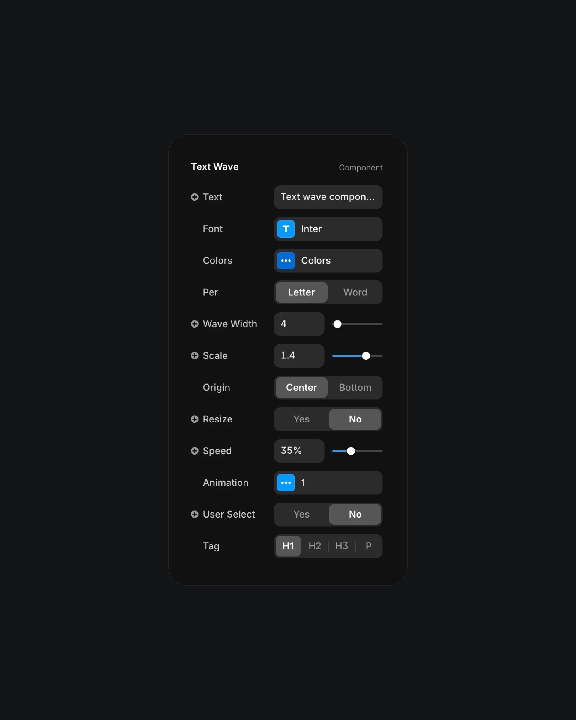 User interface for adjusting 'Text Wave' component settings with options for font, color, and animation speed