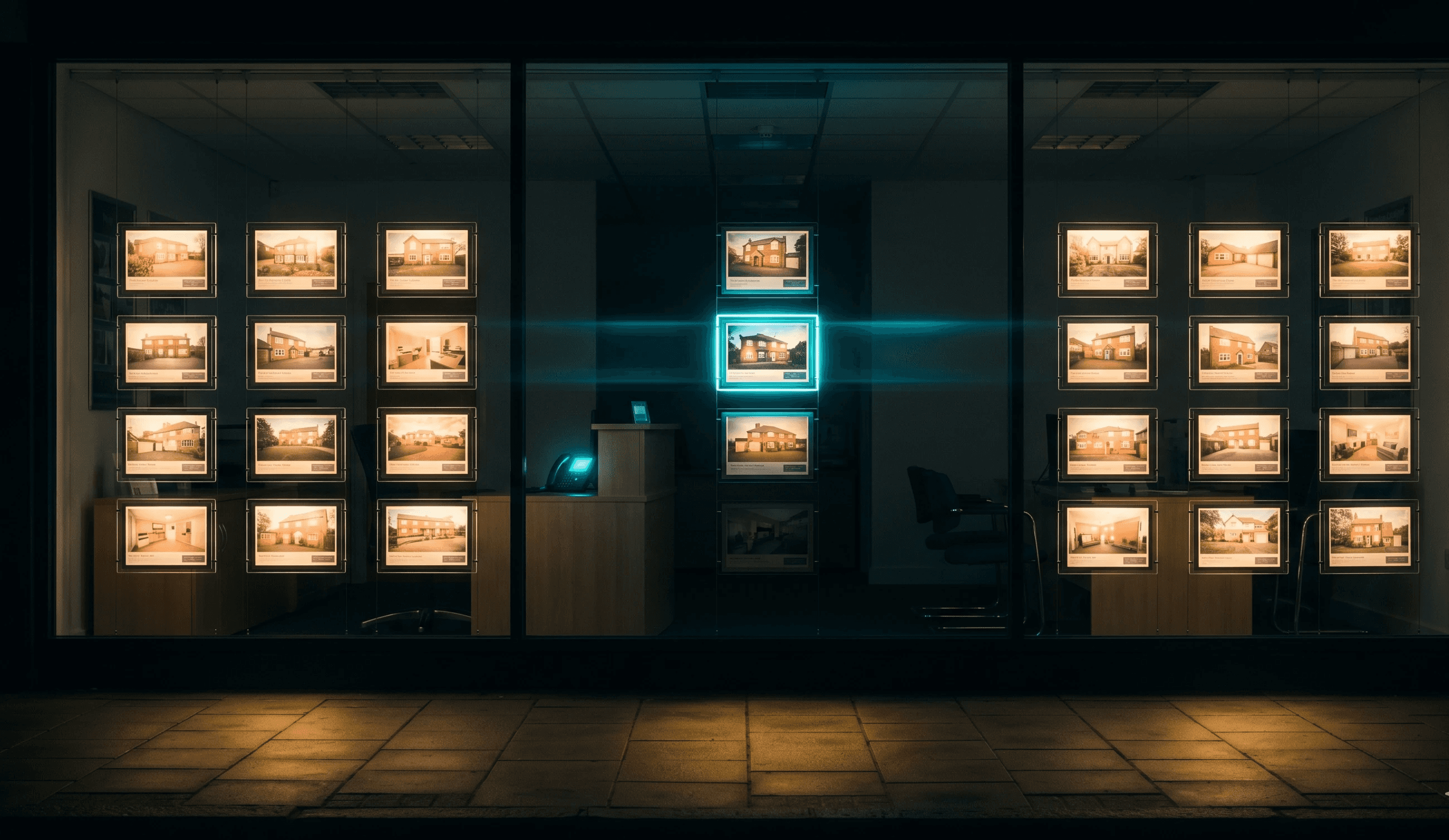 Empty UK high-street estate agency office at night with property listings glowing in the window — represents Rightmove and Zoopla enquiries arriving after hours with nobody to respond.