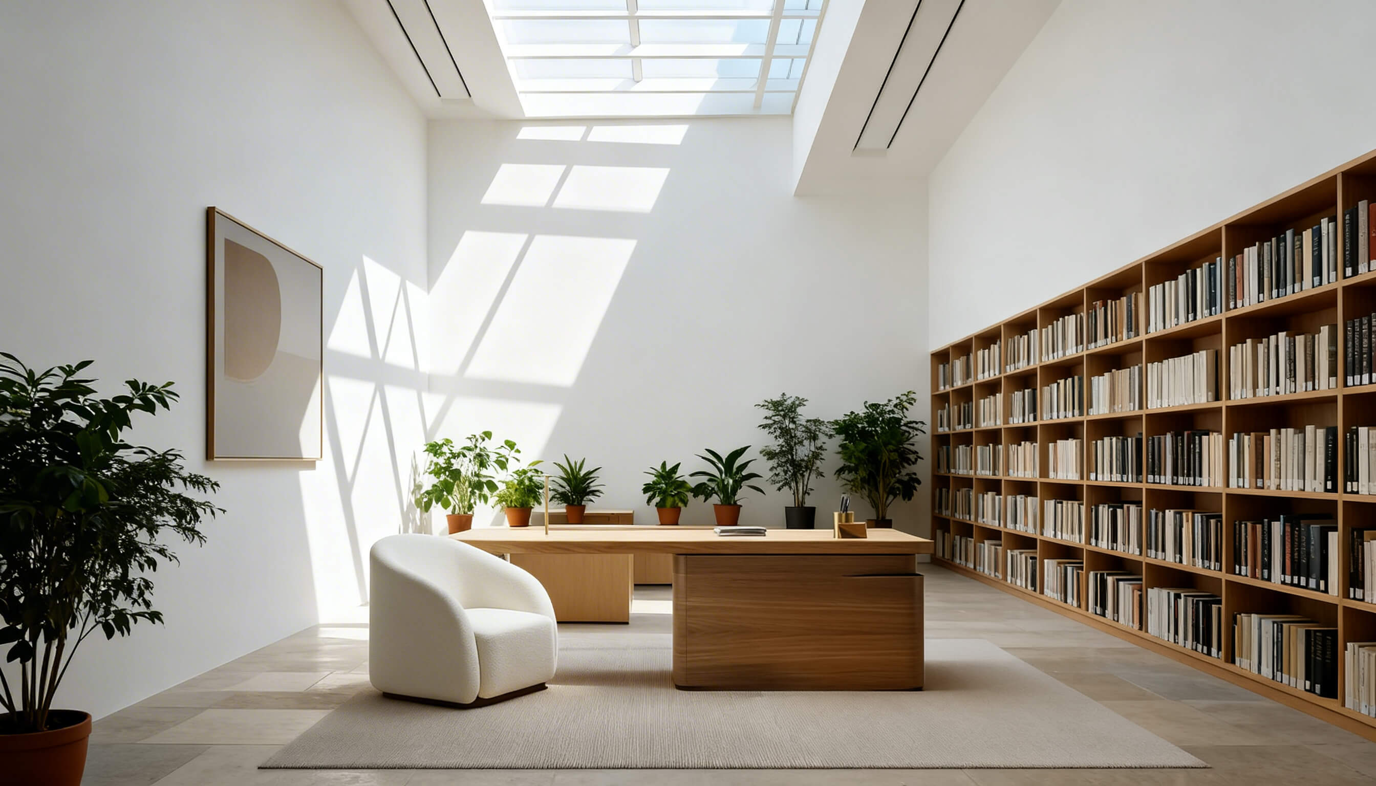Spacious reading room with skylights and wooden furniture