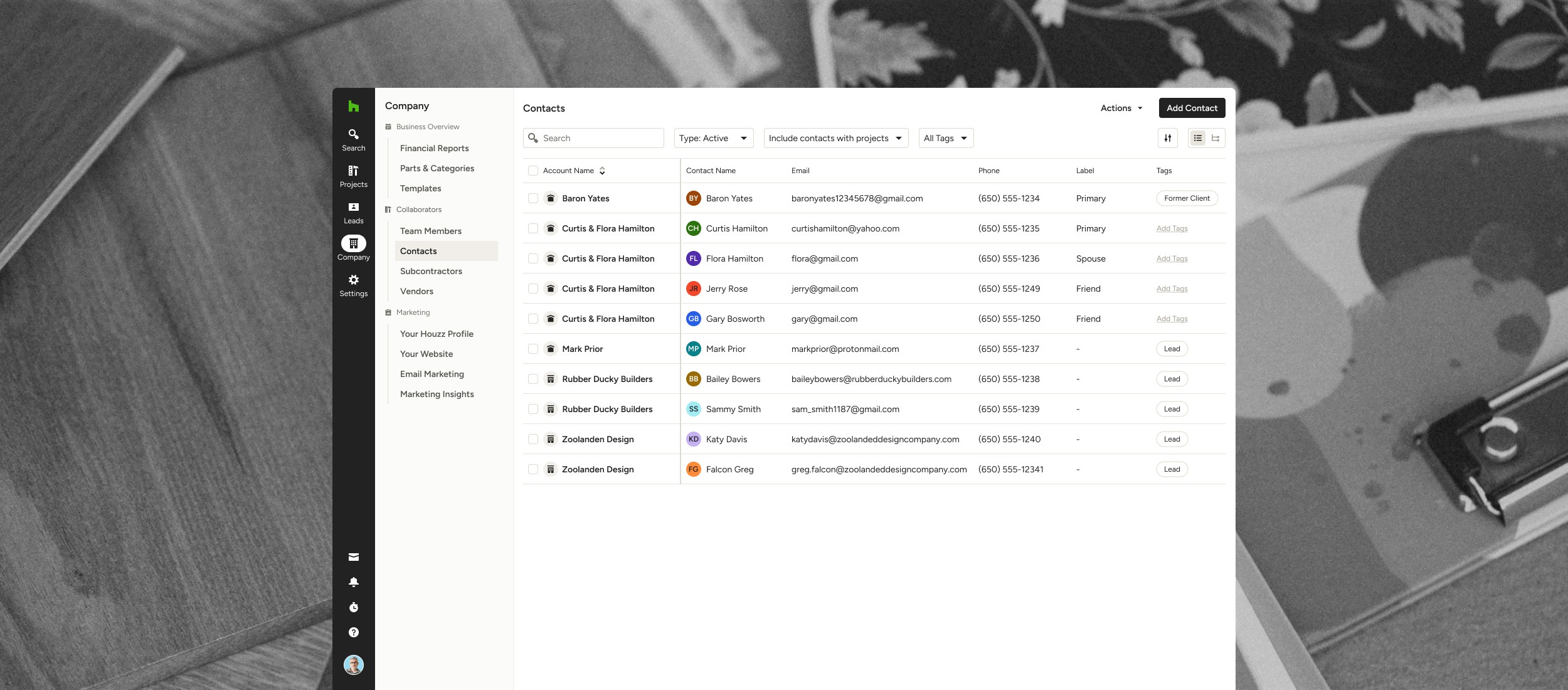 contact list organized by contact name