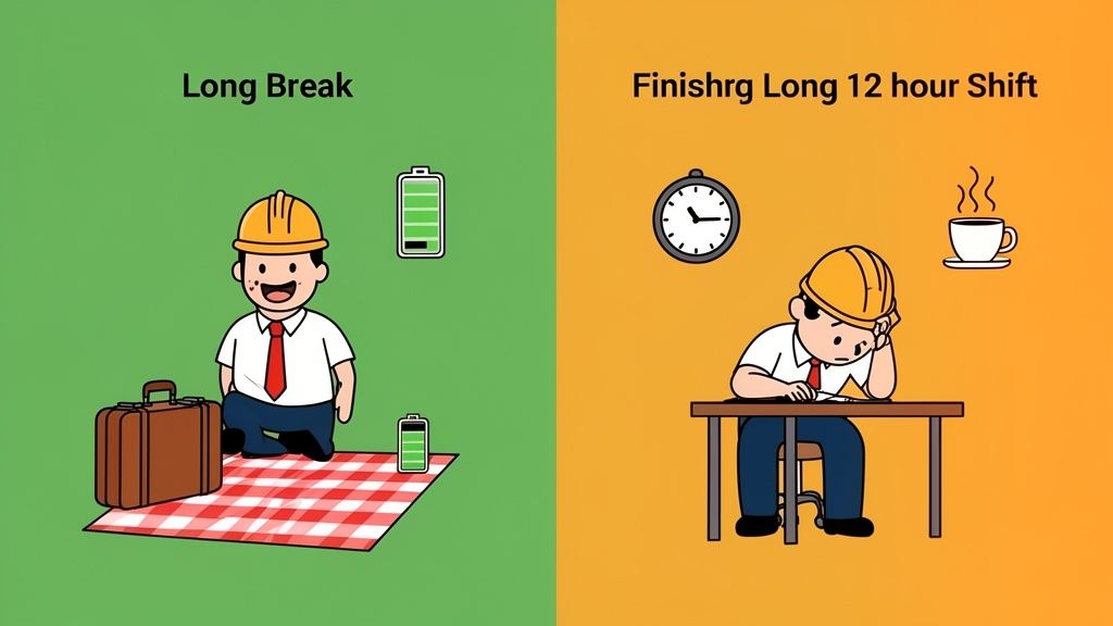 A split image comparing a happy, recharged worker on a long break with a tired worker after a 12-hour shift.