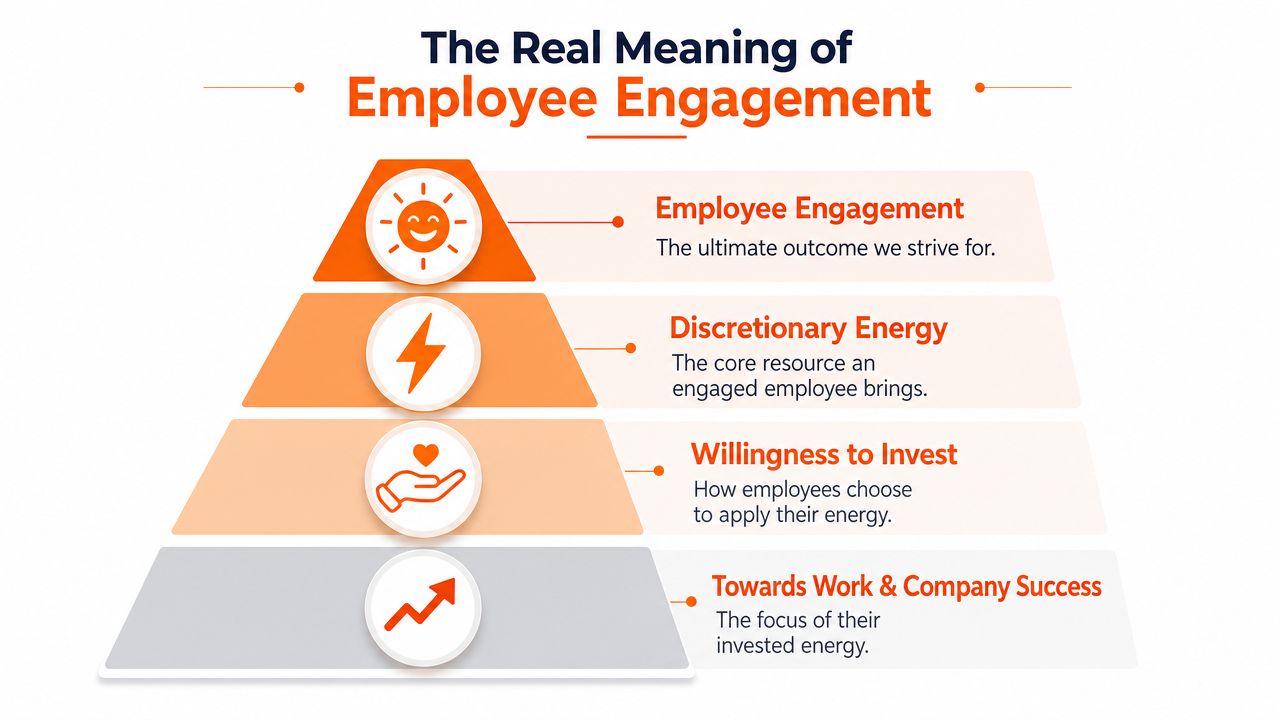 A hierarchical pyramid diagram illustrating the four key components of employee engagement within a workplace setting.