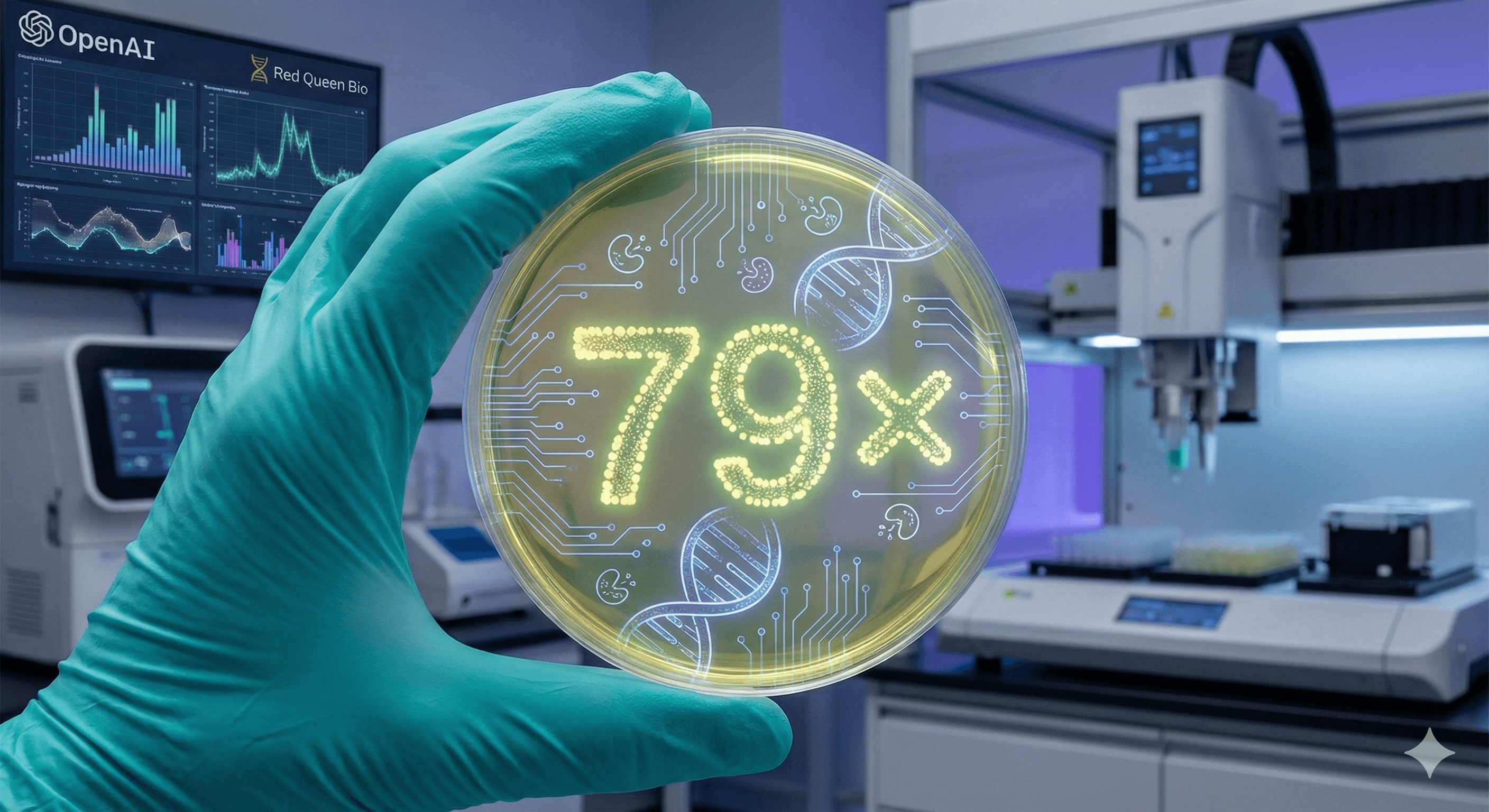 A group of four colleagues is engaged in a meeting in a modern office, with a woman presenting colorful Miro bar charts on a large screen, as three others seated with laptops and a coffee cup listen attentively.