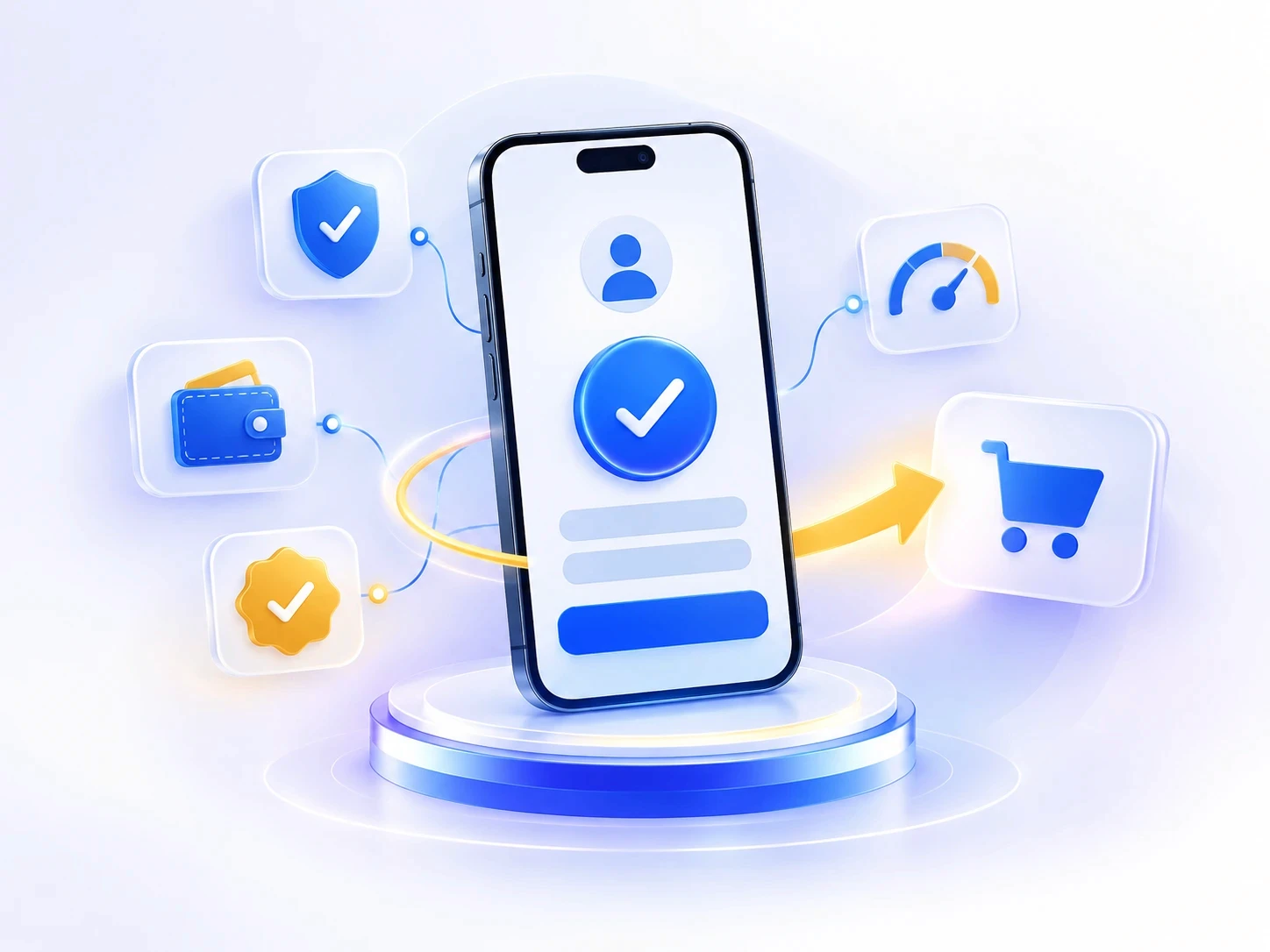 Phone showing a pre-approved tick, with a fast checkout to the cart