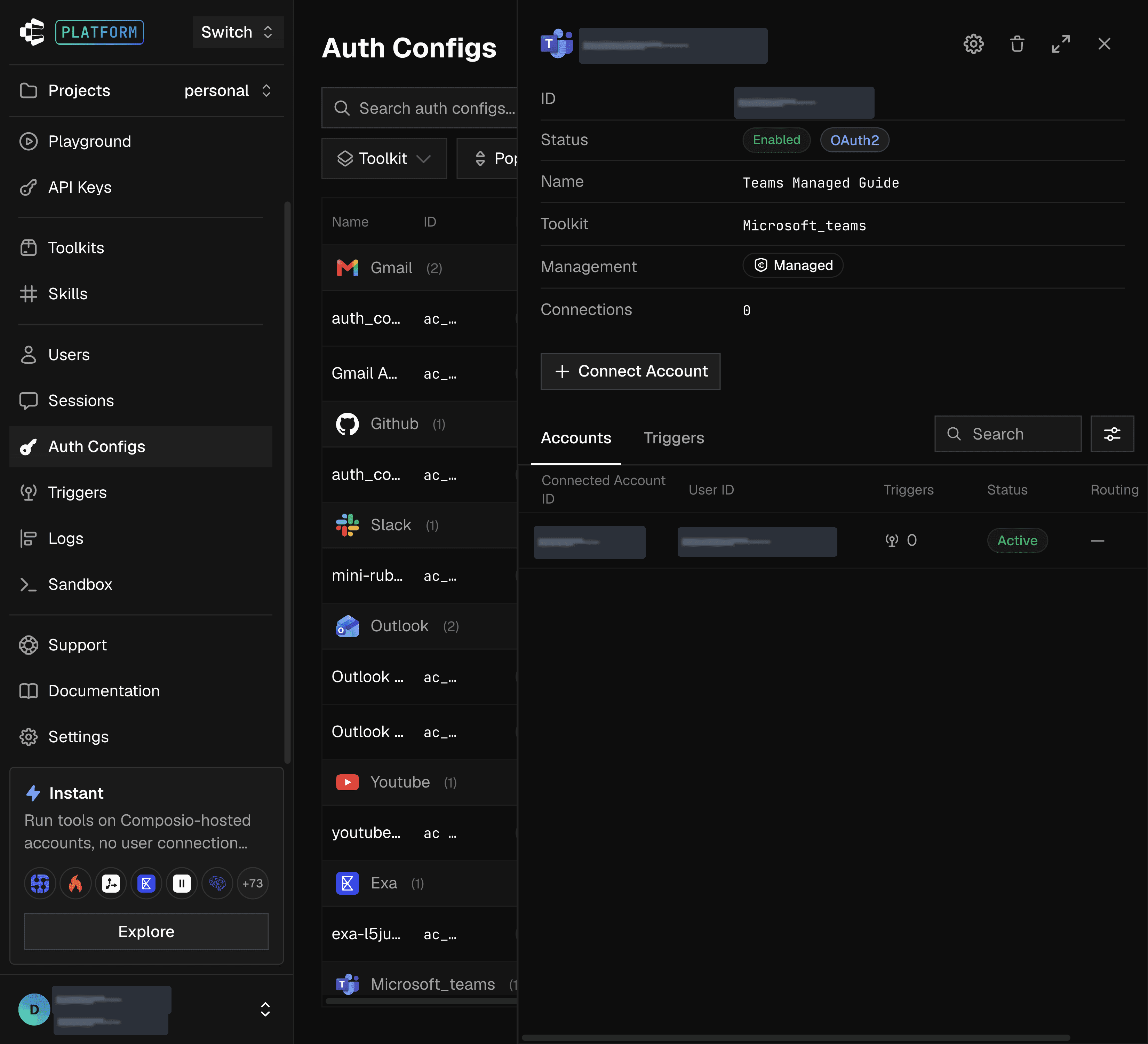 Connected Microsoft Teams account showing Active status in Composio