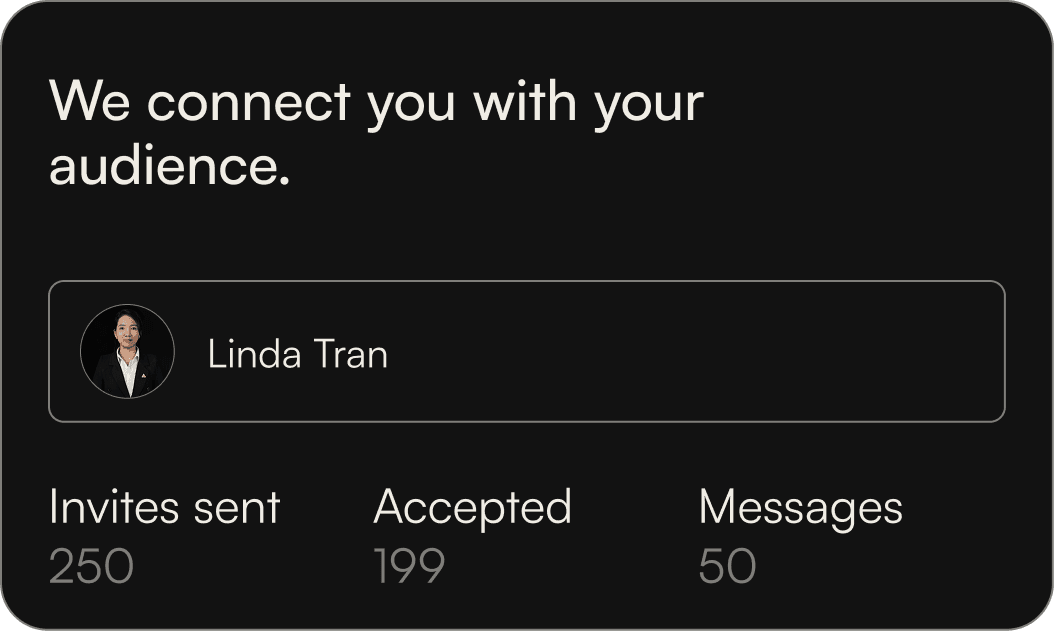 Dashboard card showing audience connection metrics, including invites sent, accepted invites, and messages
