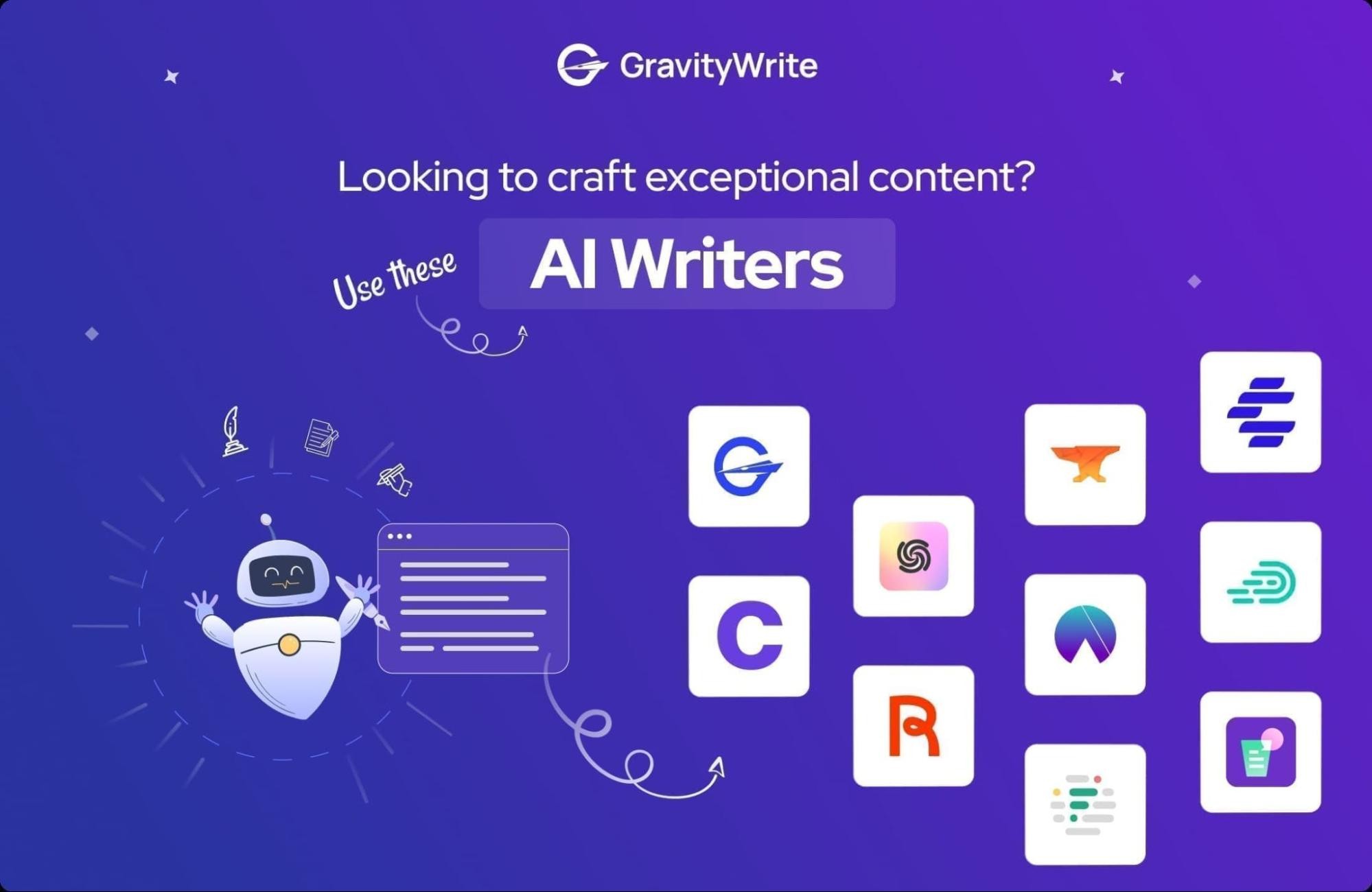 Image of GravityWrite's AI Writer promotion showcasing logos of AI tools, emphasizing crafting exceptional content with AI technologies.