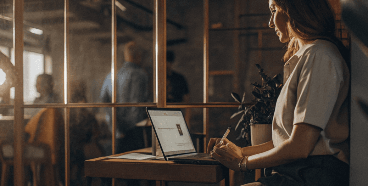 Woman working on laptop in office. She's wearing a white shirt and looks to be typing, with a window behind her.