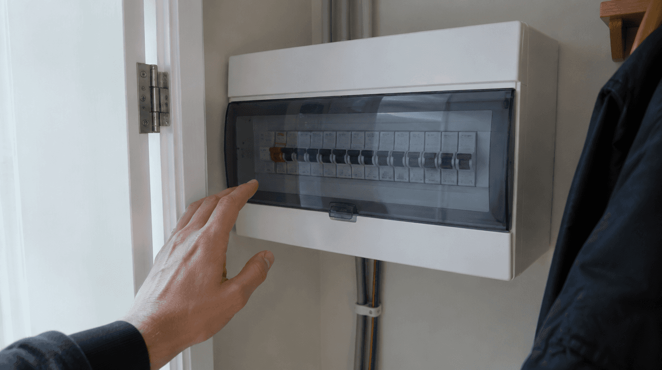 A hand reaching towards a closed consumer unit to check for a tripped breaker.