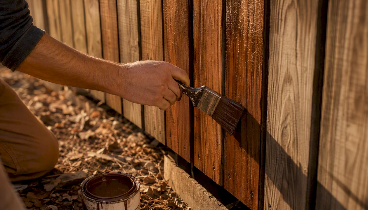 Hand brushing stain onto wood deck boards