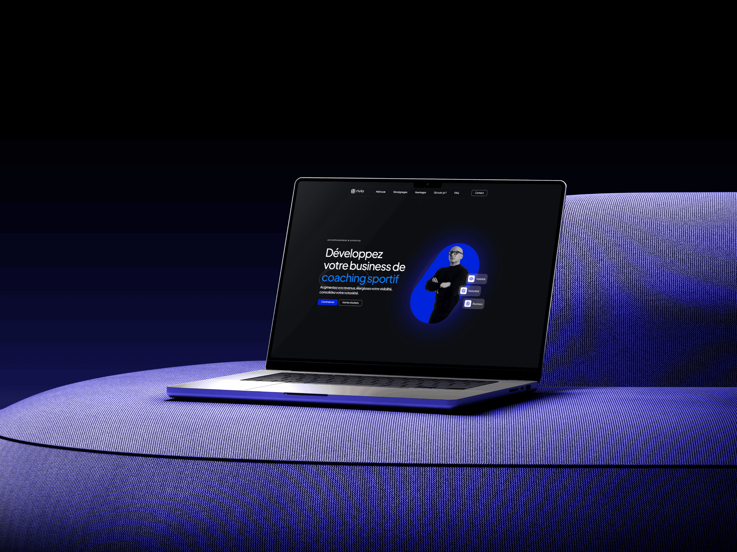 Site de Rivia, commandé par JustDev et développé par Ilies MANATA, Développeur Expert Framer & Ux / Ui Designer, Freelance, Nord
