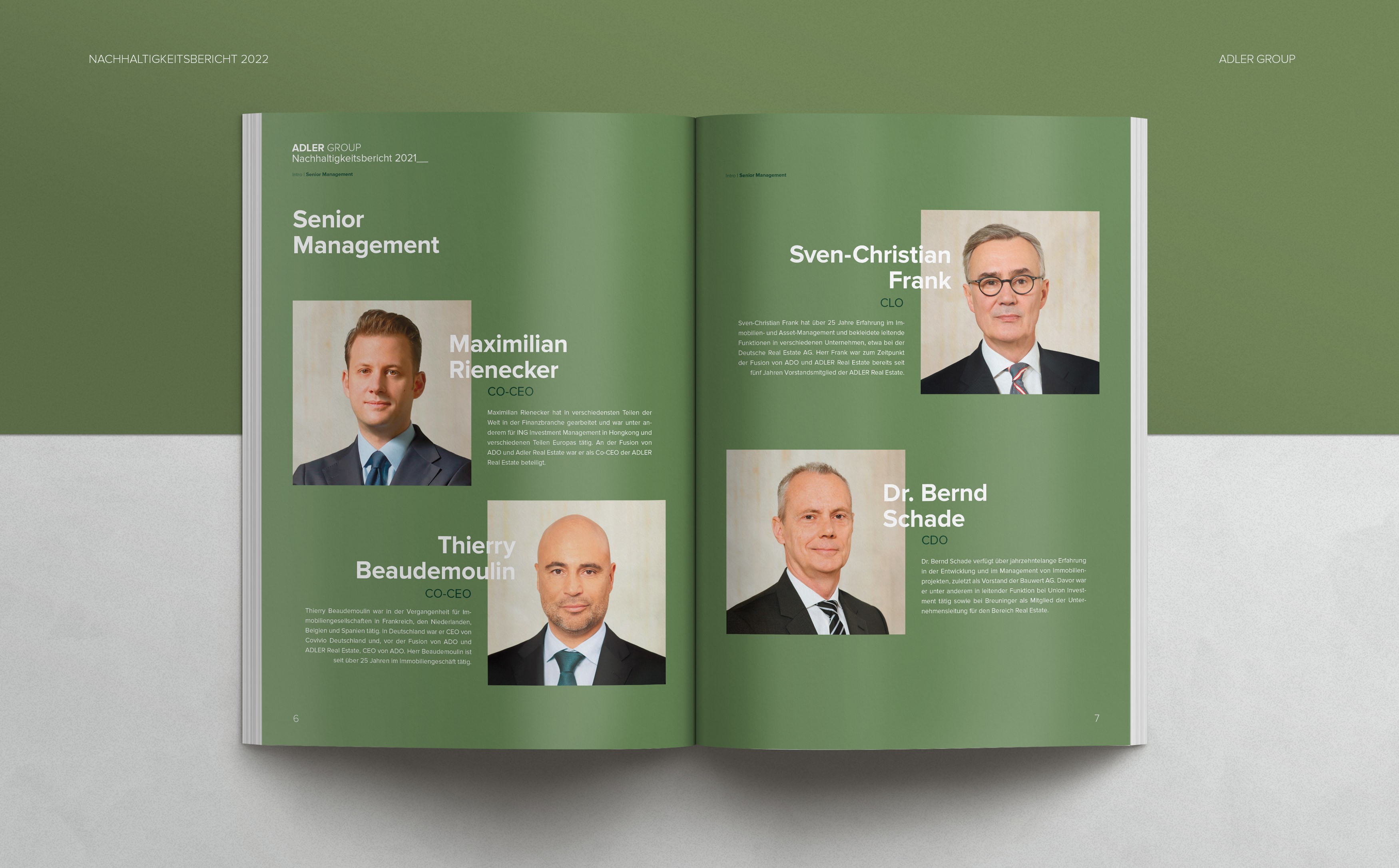 Editorial Design für den Sustainability Report der Adler Group – klare Gestaltung mit präziser Typografie und strukturierter Bildsprache