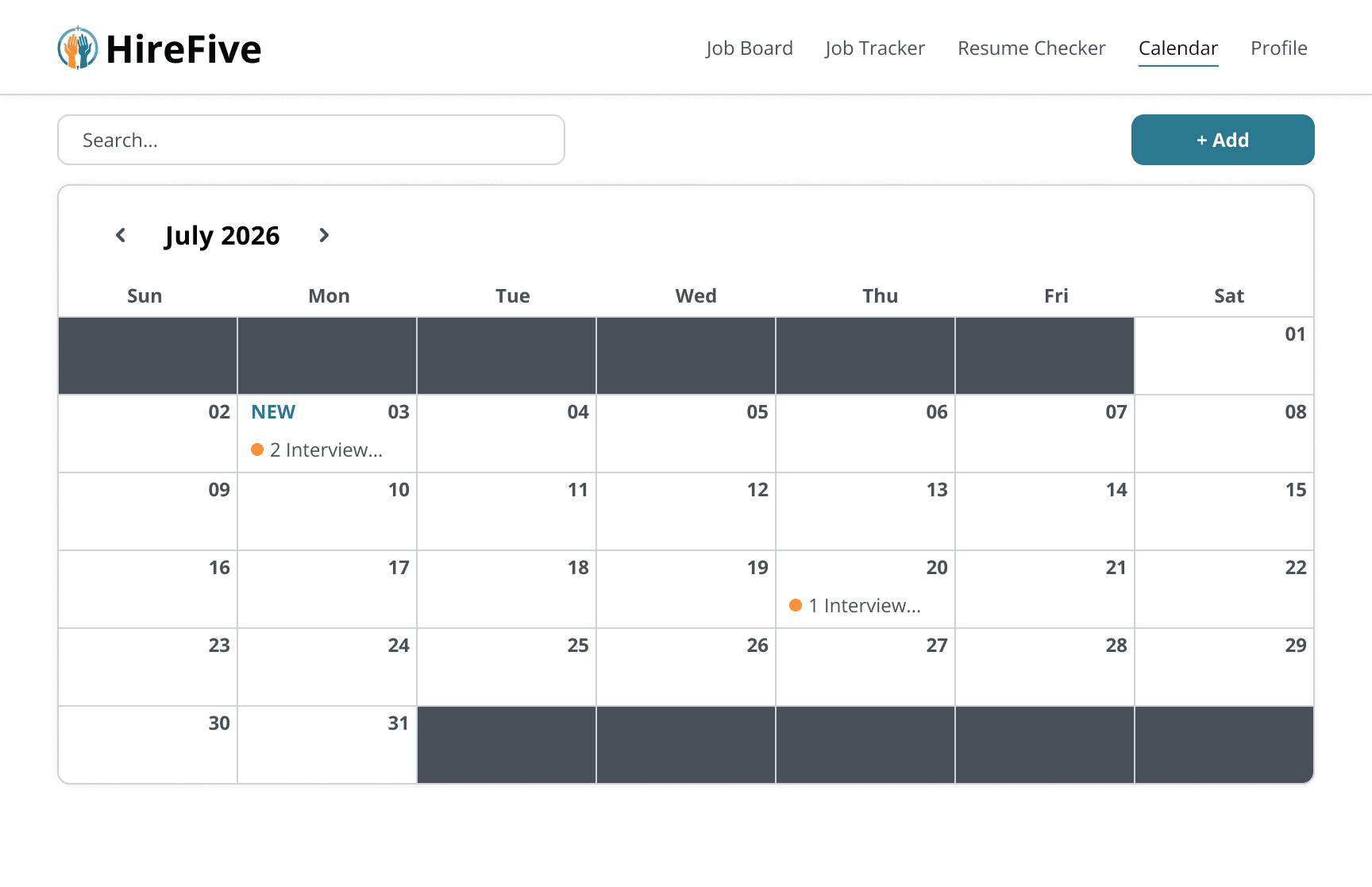 Screenshot of the high-fidelity HireFive Calendar dashboard for July twenty twenty-six, showcasing a structured scheduling grid populated with colorful tags for tracking interview dates and job events.