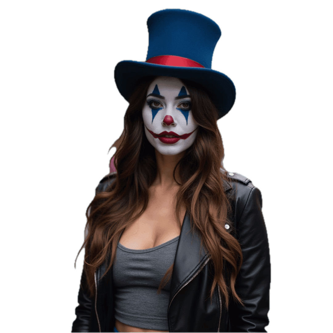 eine frau, die ein clownsgesicht hat, geschminkt