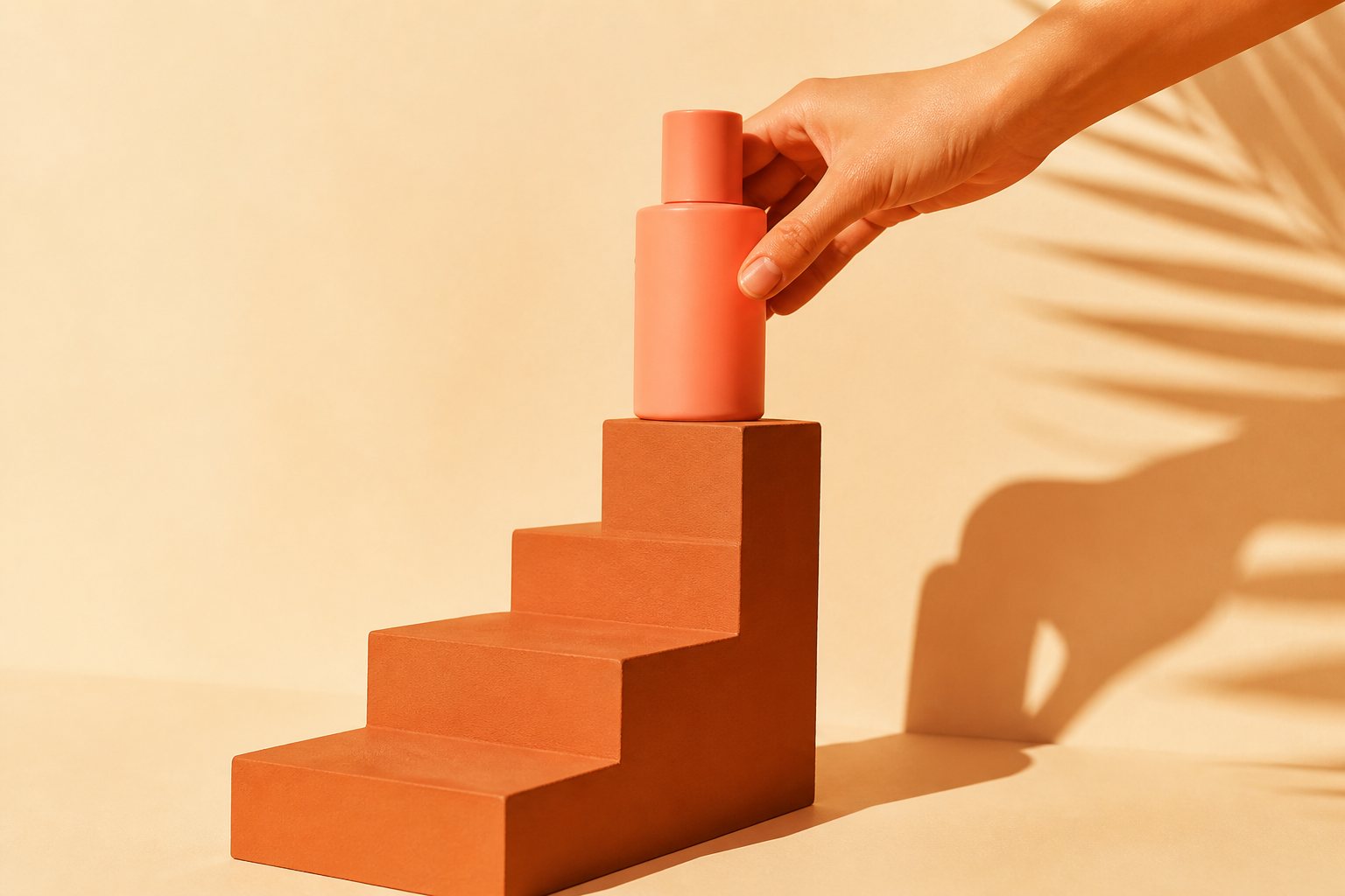 A hand placing a coral bottle onto a rising stack of terracotta blocks