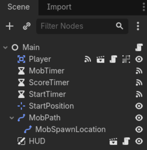 Godot scene tree showing a Player, HUD, and timer nodes in a 2D game project