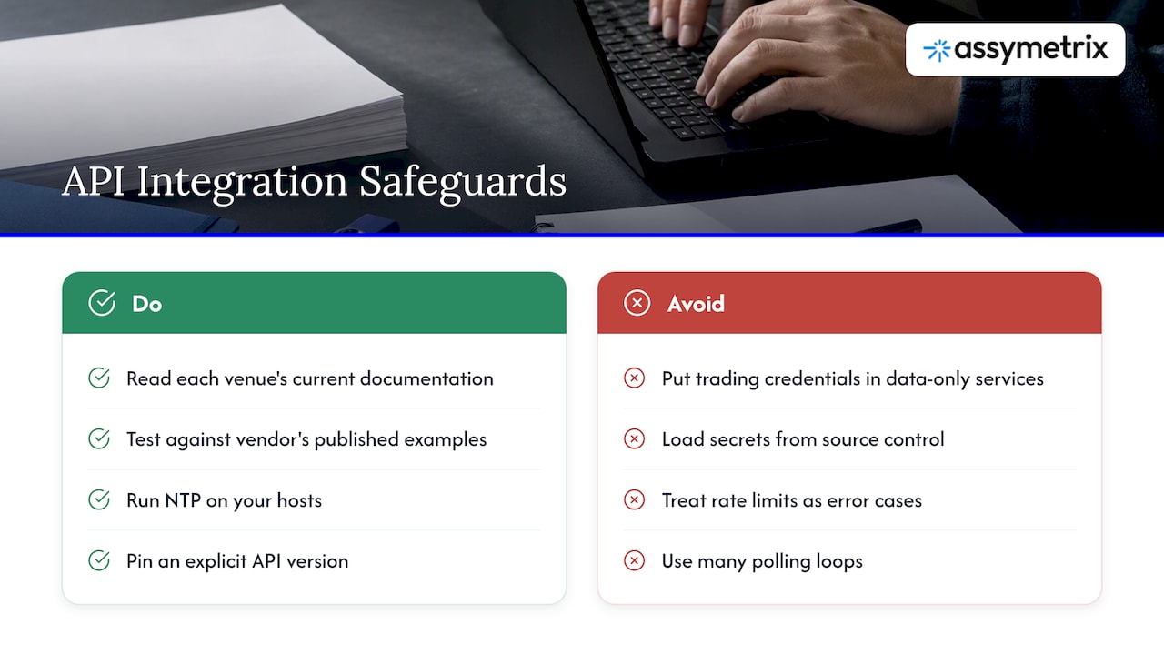 Authentication, signing, rate limits and versioning — overview diagram