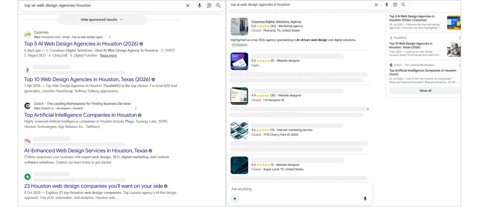 Google search results & AI Overview for top AI web design agencies in Houston