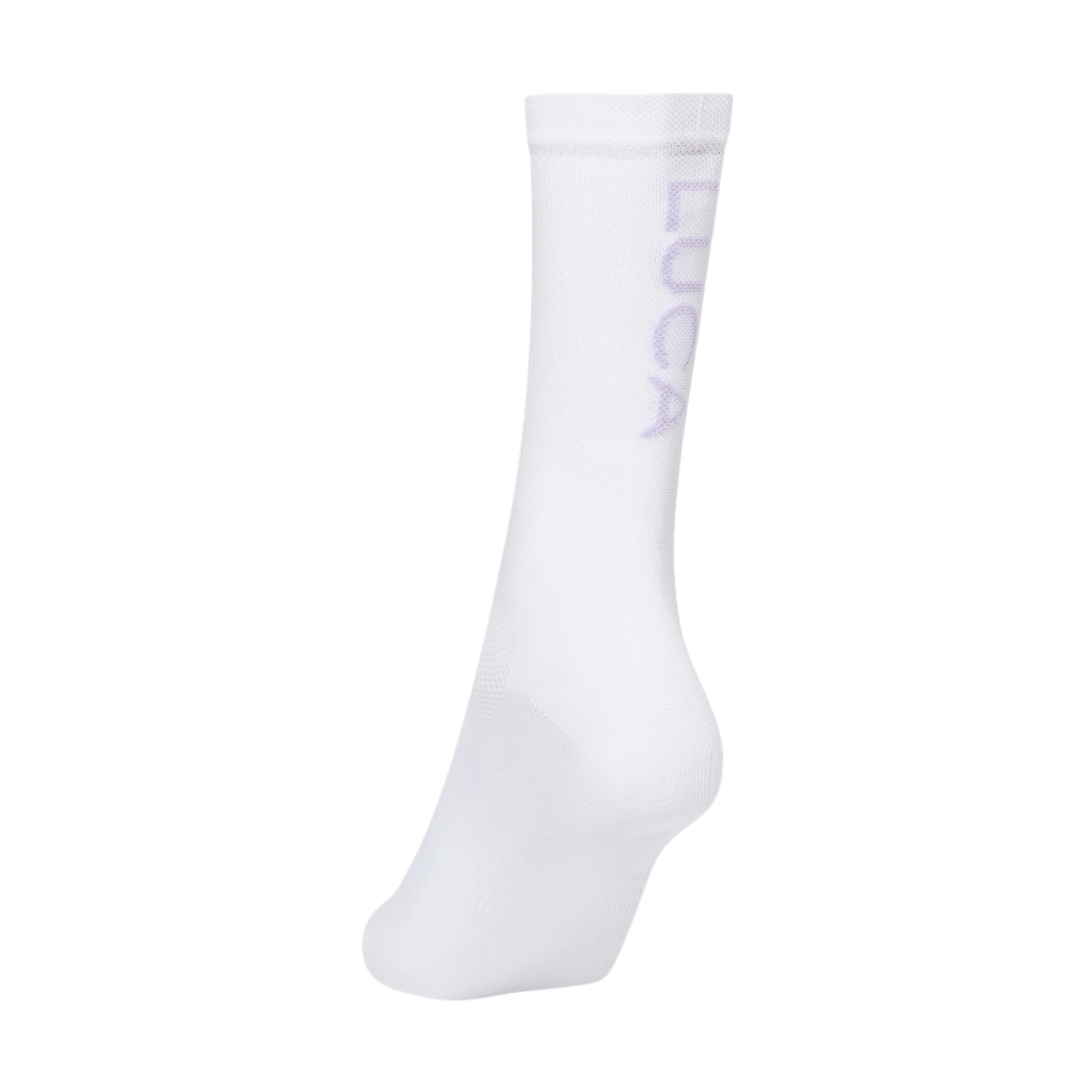 Single-cycling-sock-in-white-light- lavender-shown-on-a-white- background-featuring-the-LUCA-logo-knitted-vertically-up-the-calf-in-a-light-purple-color-The-sock-has-a-mid-calf-height-and-a-mesh- texture