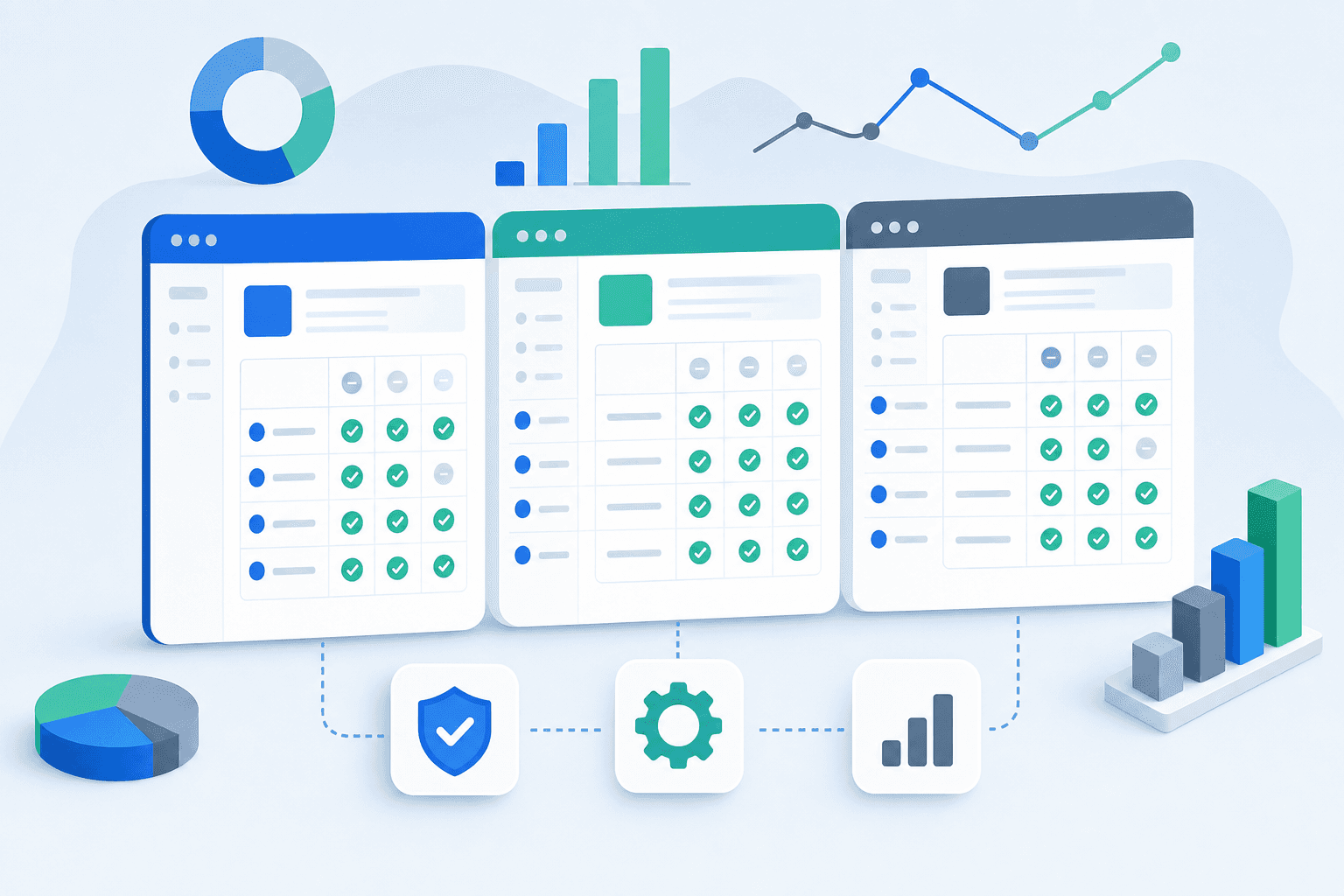 A clean, modern illustration showing multiple software platform comparison concept with feature evaluation. Display abstract dashboard interfaces side by side with checkmarks, data visualization elements, and comparison metrics. Use a professional color palette with blues, greens, and grays. Isometric or flat design style. No text, words, or letters.