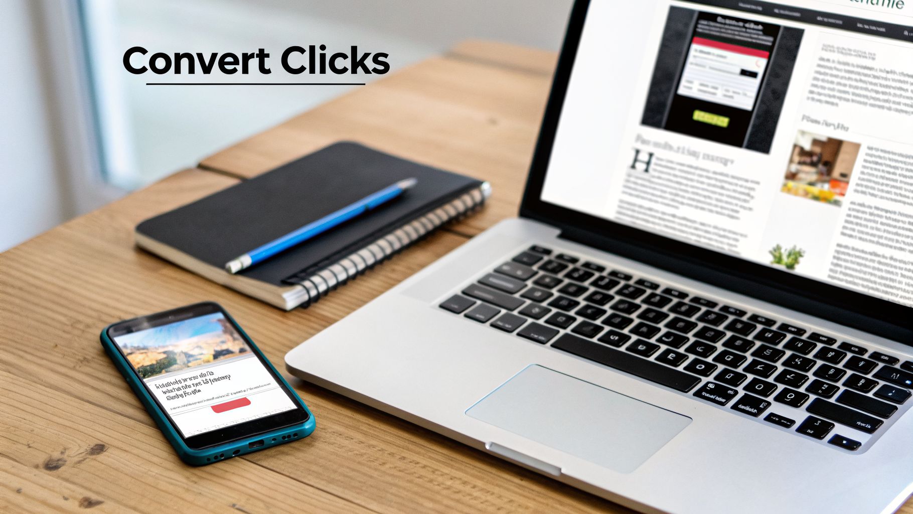 Digital marketing setup with a laptop, smartphone, and notebook on a wooden table, emphasizing converting clicks.
