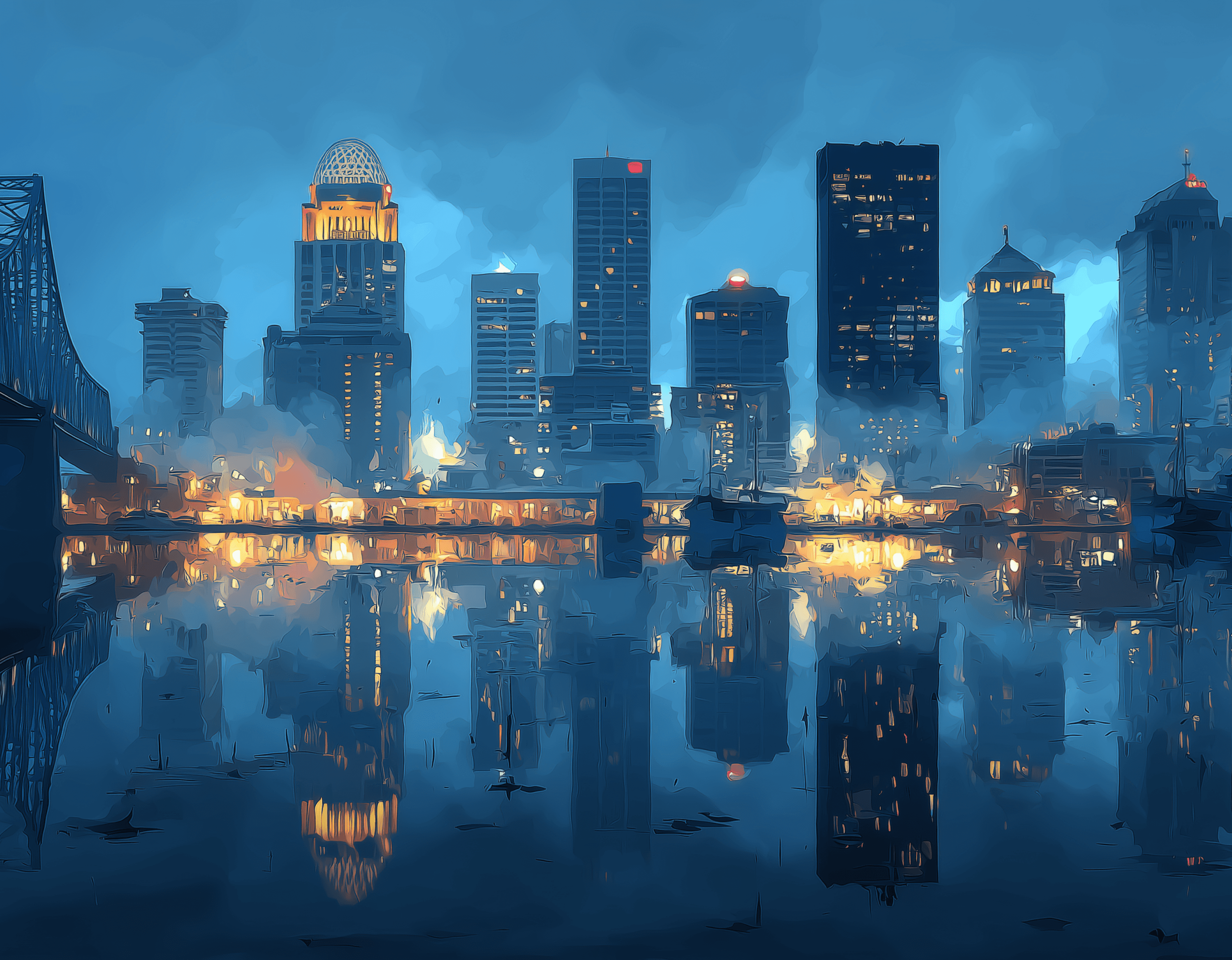 The Louisville skyline at sunset, reflecting on the water, with a bridge in the foreground. Cloudy skies add to the scenery.