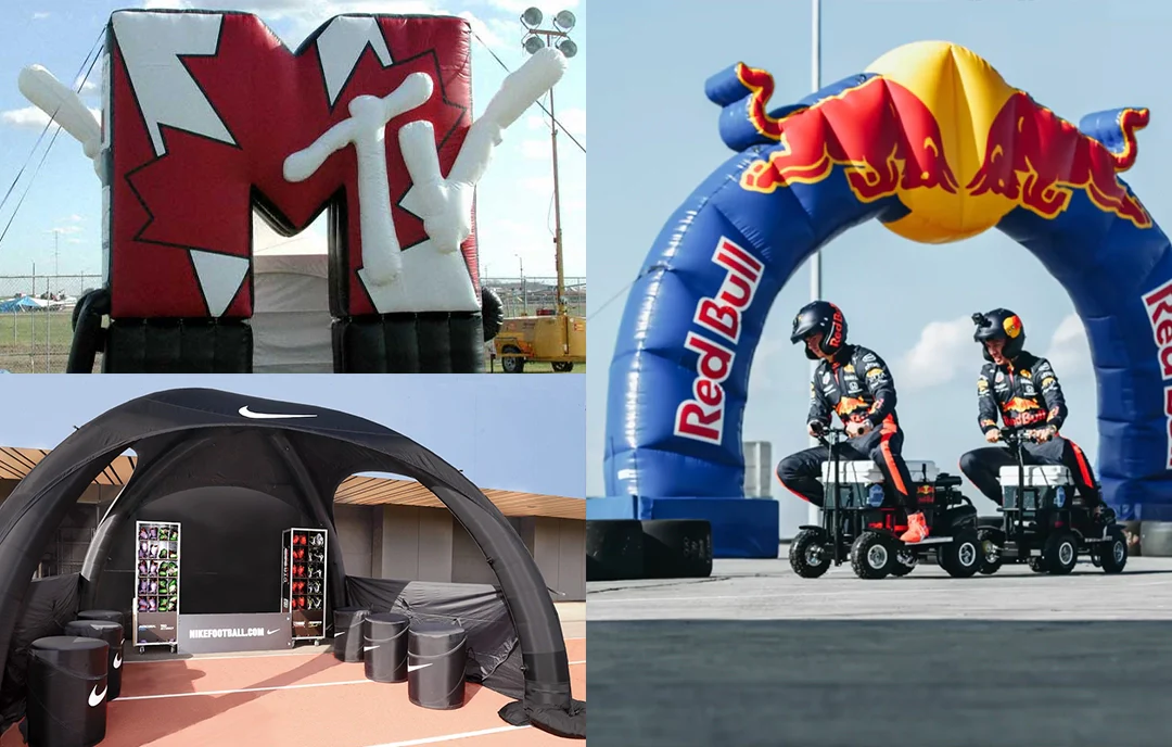 A collage of 3 different inflatable signs. One is the MTV logo one is a nike tent and another is a redbull arch.