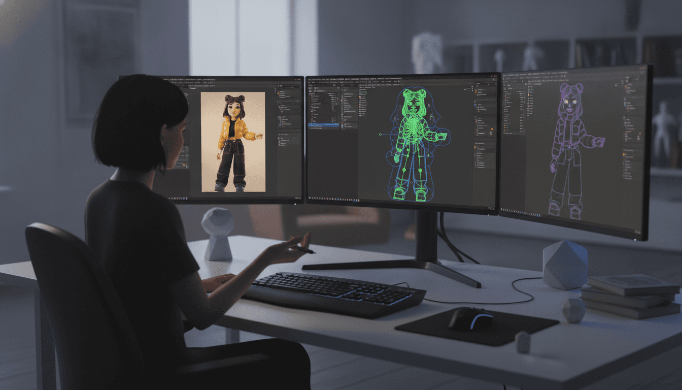 A stylized 3D AI avatar being built and rigged for animation