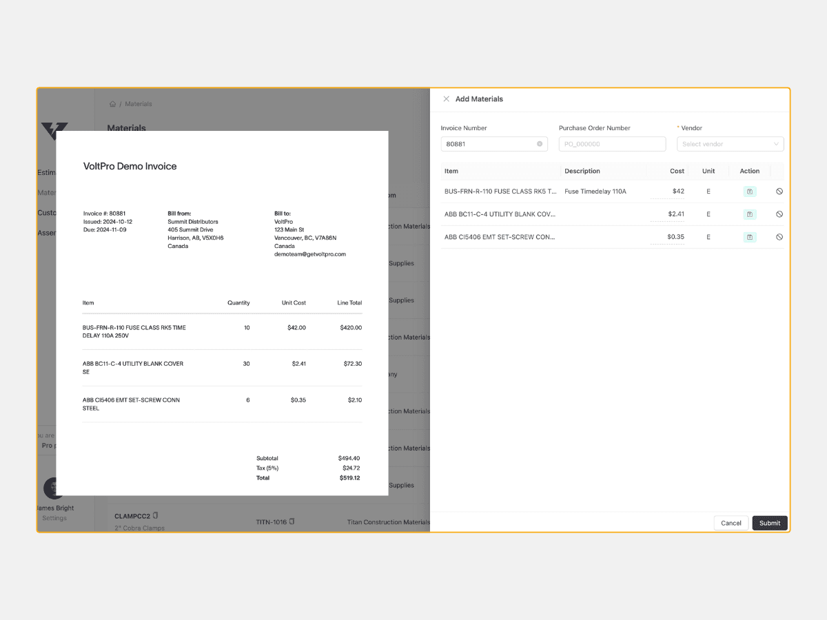 VoltPro's invoice uploader is easier and faster to use. Parse material data directly from uploaded invoices.