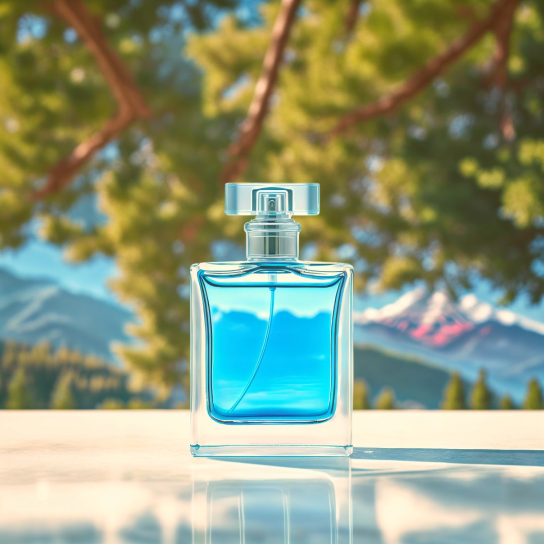 Bottle of perfume on a marble table in the alps. Image generated by AI using Fuzer