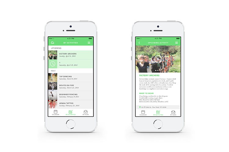 Two white iPhones are displayed side by side against a white background. The left iPhone shows a green screen titled “MY ACTIVITIES” listing “VICTORY ARCHERS” on Sunday, April 8, 2014, and “TAP DANCING” on Saturday, March 8, 2014. The right iPhone displays a green screen titled “UPCOMING ACTIVITY” showing “VICTORY ARCHERS” on Sunday, April 8, 2014, and “BEGINNER FENCING” on Saturday, February 8, 2014. Both screens include icons for “CALENDAR” and “WEATHERSTATUS” at the bottom.