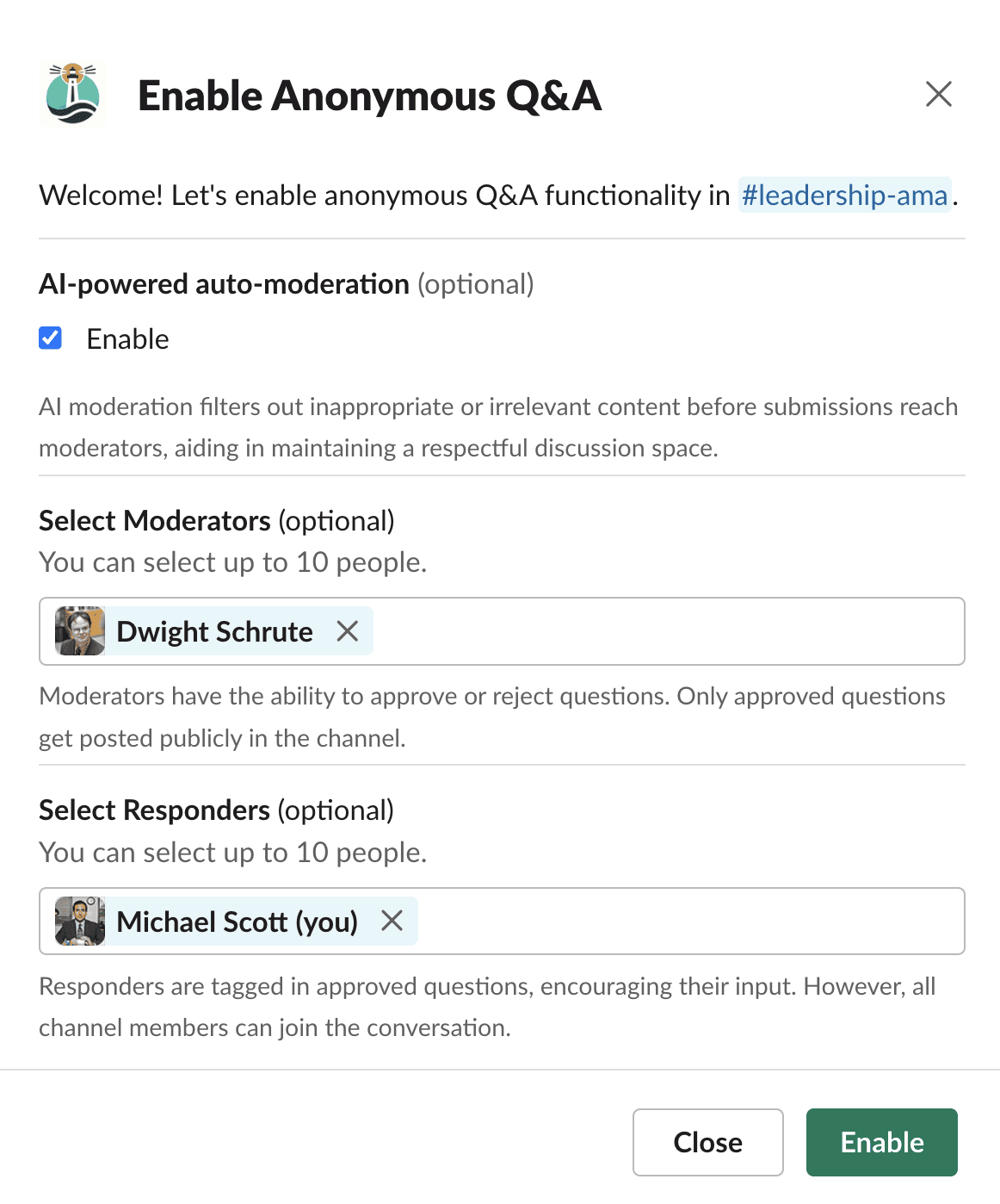 Screenshot of a Slack pop-up for OpenCulture Bot's 'Enable Anonymous Q&A' feature. It includes a welcome message and options to activate AI-powered auto-moderation, select moderators, and responders for a #leadership-ama Slack channel. At the bottom are two buttons: 'Close' and 'Enable'.