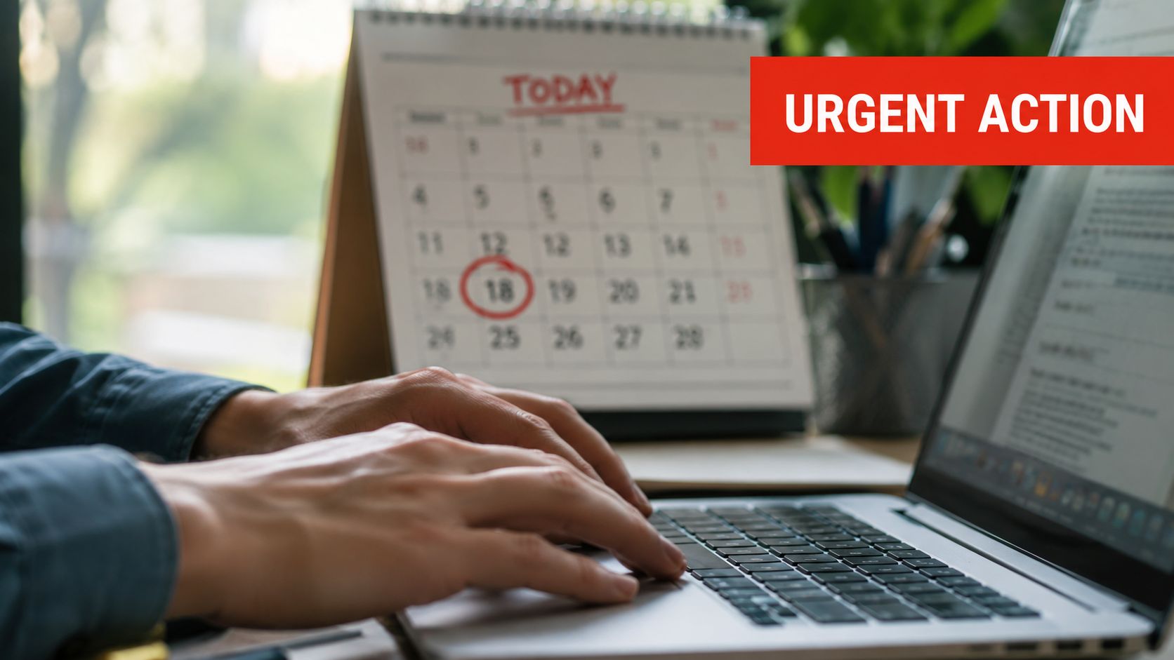 A professional typing on a laptop with a calendar marked for urgent action in the background.