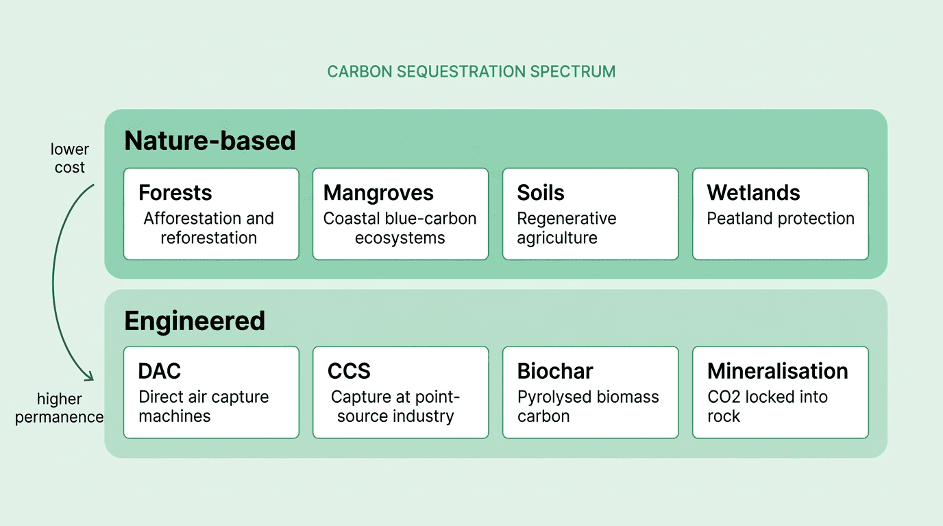 Nature-based versus engineered sequestration layered stack showing forests, mangroves, soils and wetlands alongside direct air capture, CCS, biochar and mineralisation.