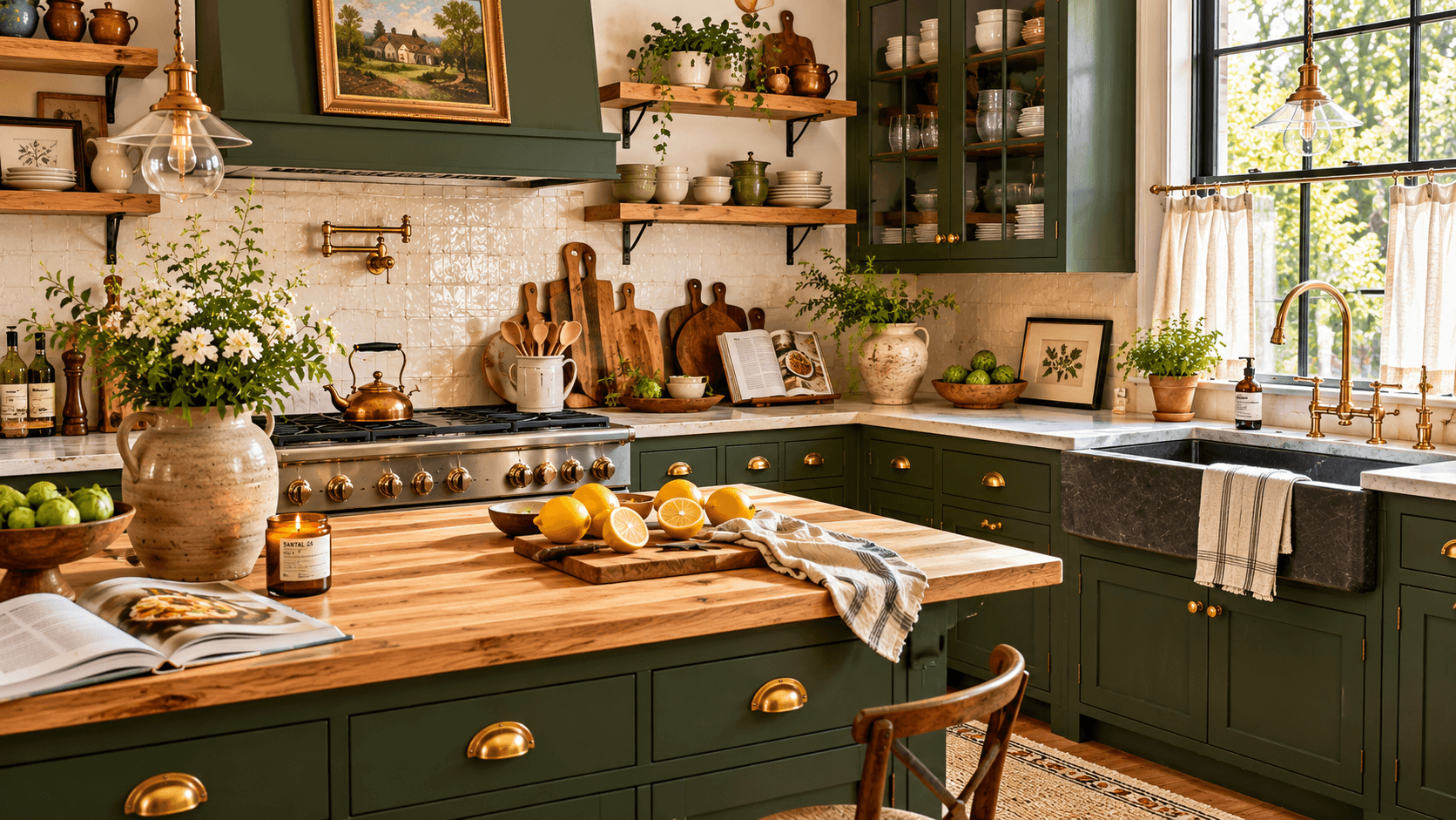 Cottagecore kitchen featuring dark cabinets, wooden countertops, central island, open shelving, large window with forest view, stylish pendant lights, and rustic decor for a cozy, contemporary design.