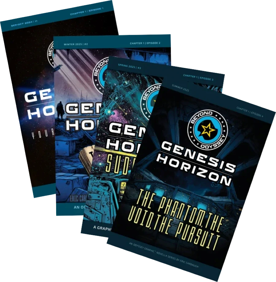 Several graphic novel covers from the "Genesis Horizon" series are fanned out, featuring vividly illustrated scenes and bold, futuristic typography.