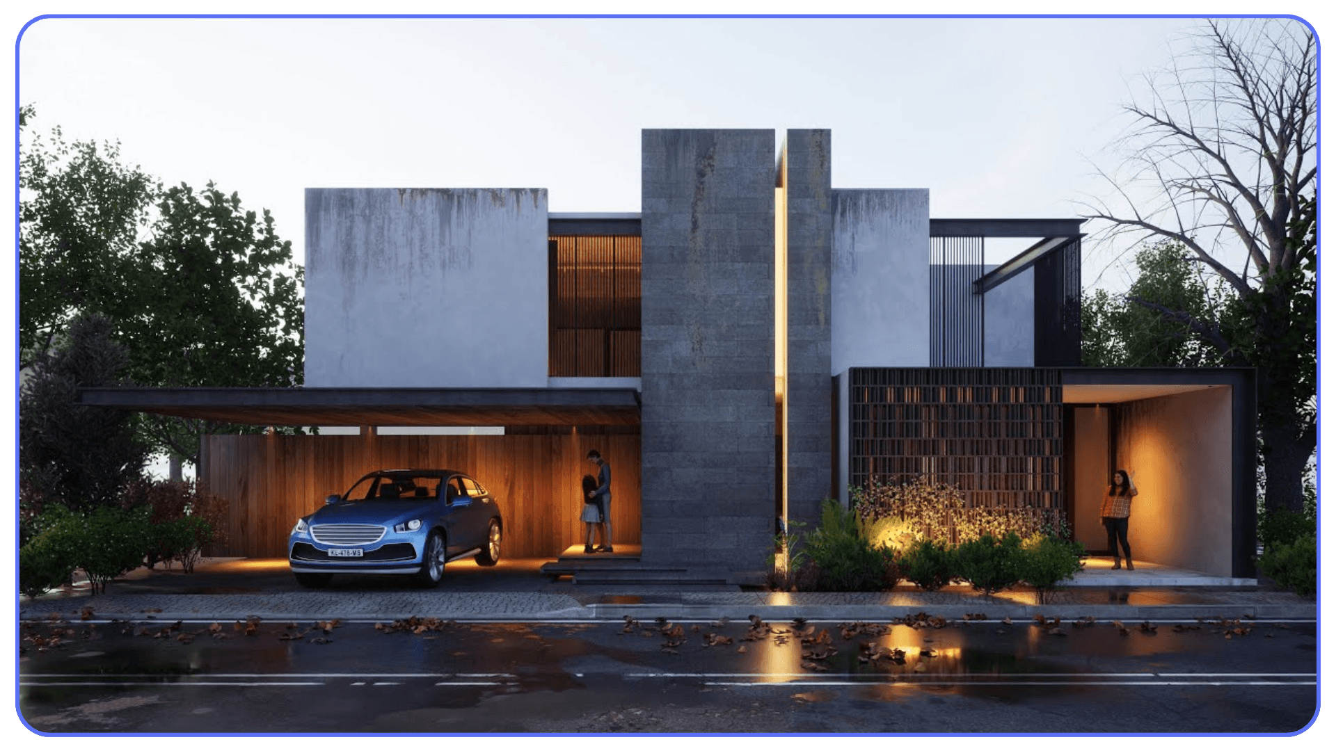 Modern architectural visualization of a contemporary two-story house with concrete and wood materials, car parked under a covered carport, and warm interior lighting at dusk.