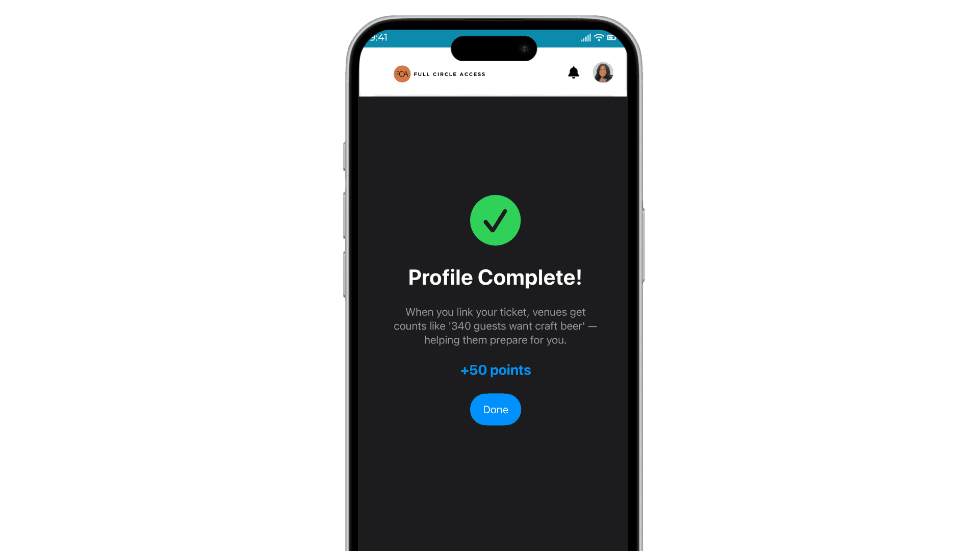 Profile complete platform screen 