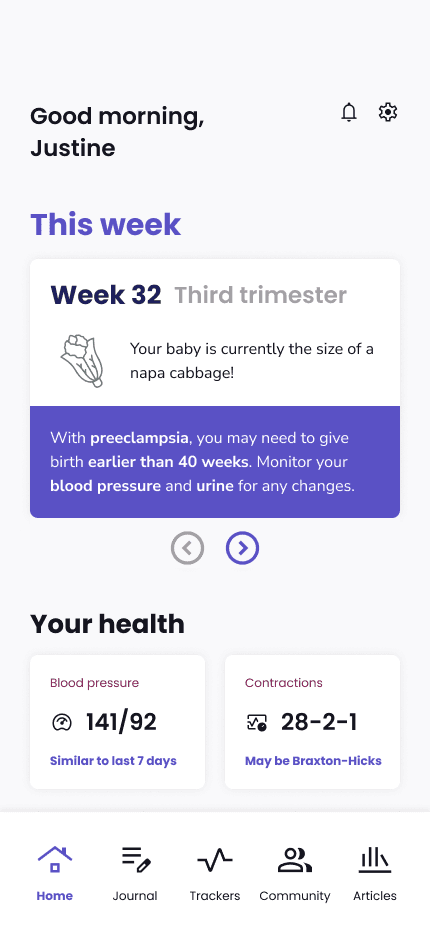 Mobile device rendering of a home screen for a pregnancy app