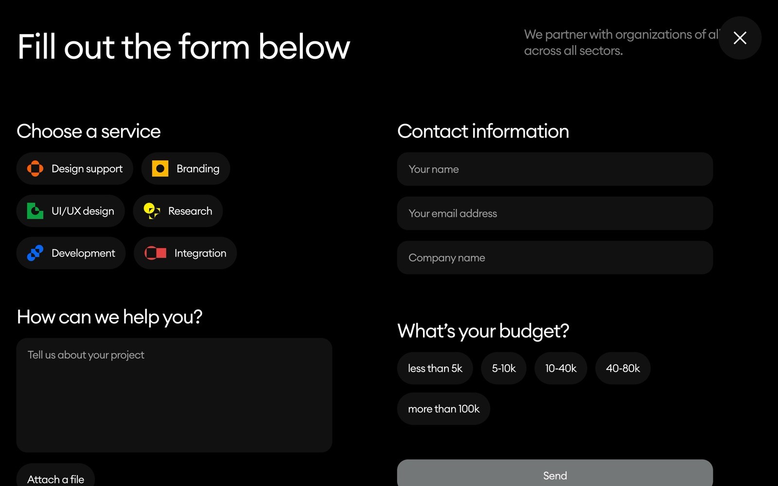 Form with fields for service choice, contact info, budget, and a message box. Buttons for design, branding, UX, research, and more.