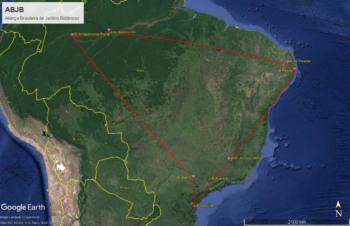 Mapa do Brasil no Google Earth com triângulo ligando jardins botânicos da Aliança Brasileira de Jardins Botânicos