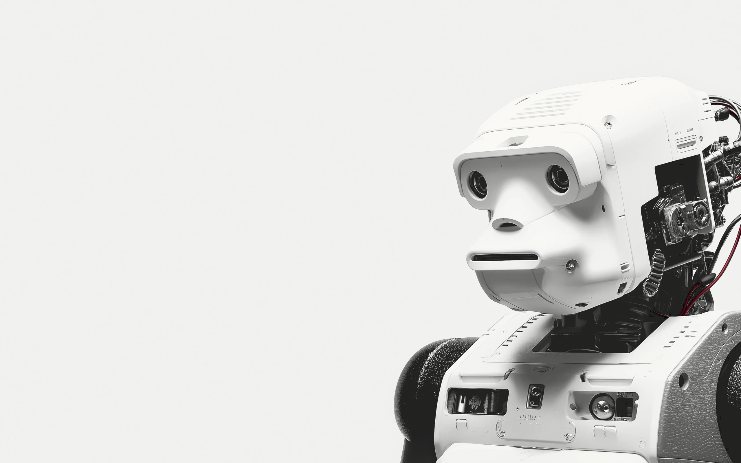 MR-1 humanoid robot, head and shoulders, on a pale grey studio ground