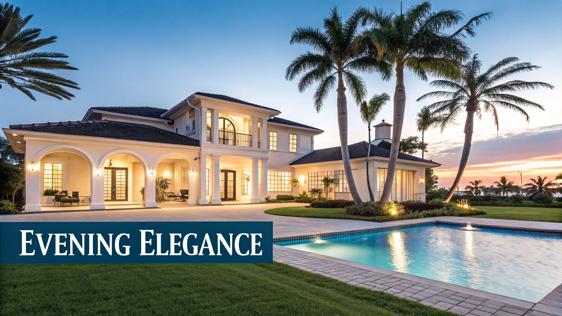 A grand, illuminated white mansion with a swimming pool and palm trees at dusk, exuding elegance.
