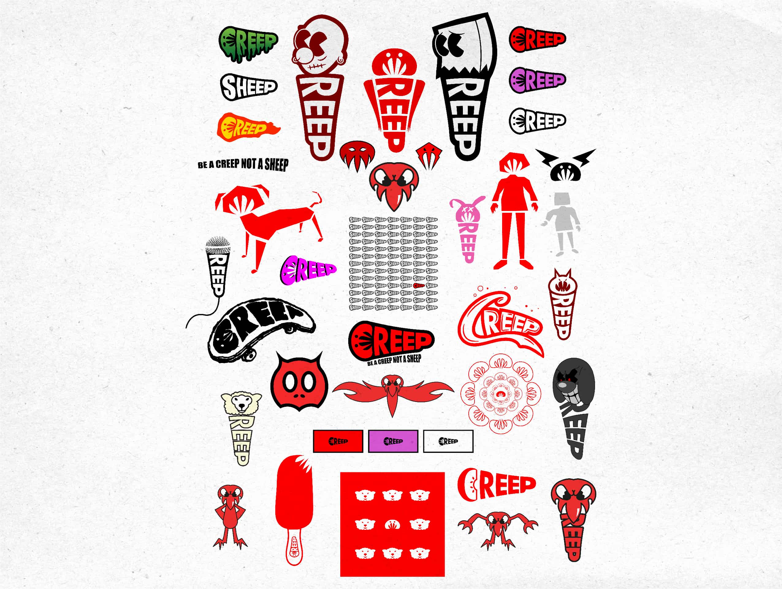 creep branding flashsheet with multiple brand marks and logos.