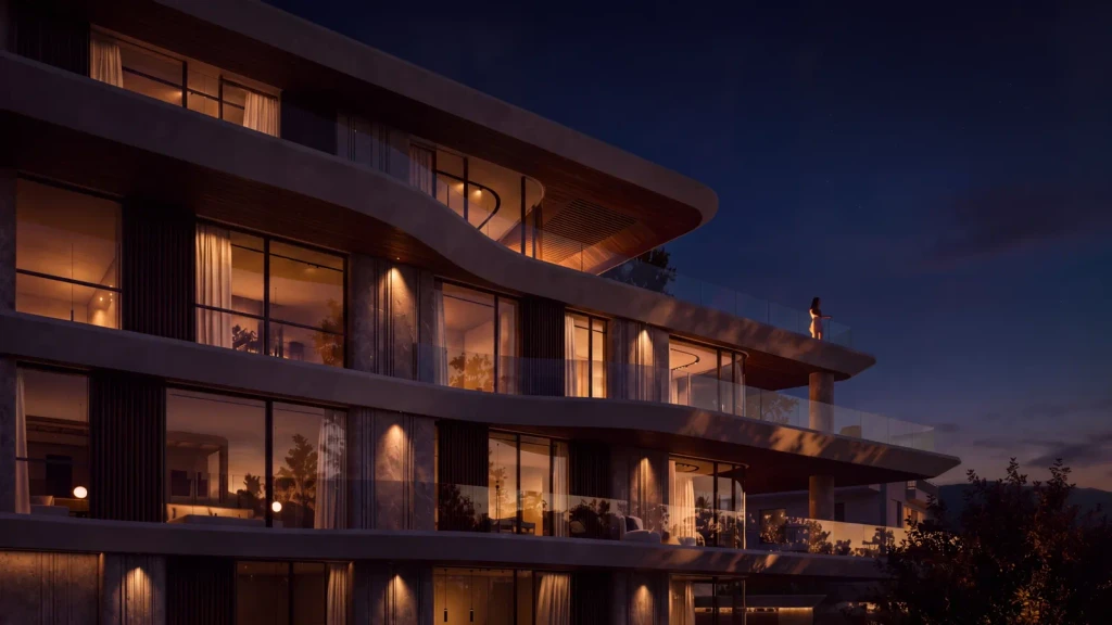 Το coming-soon site της NUR Developments τη νύχτα, οπτικοποίηση με AI σημειωμένη ως τέτοια