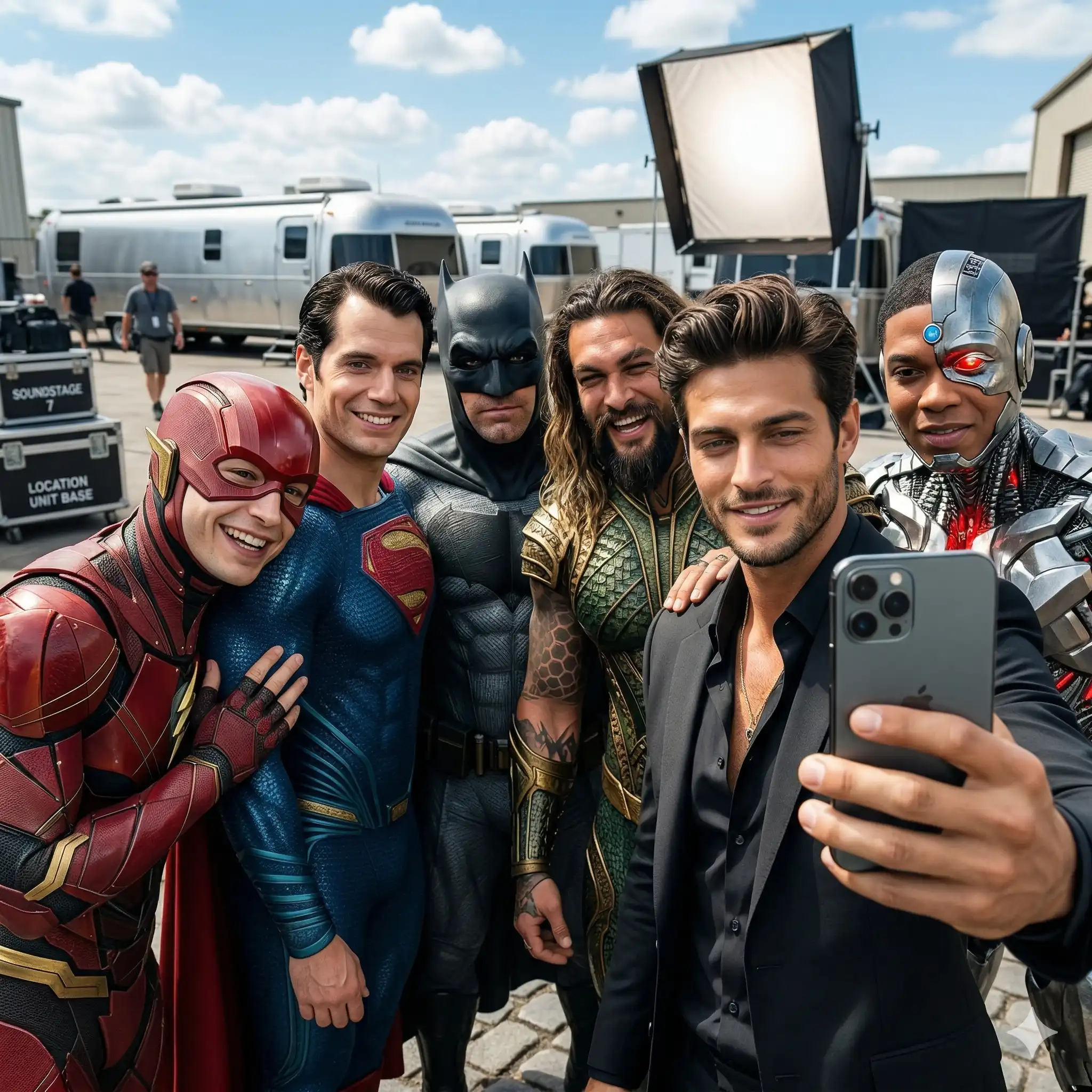 AI image generation of a man taking a selfie with popular superhero characters on a studio backlot, created using Nanobanana prompts for Mahendra's AI marketing portfolio.
