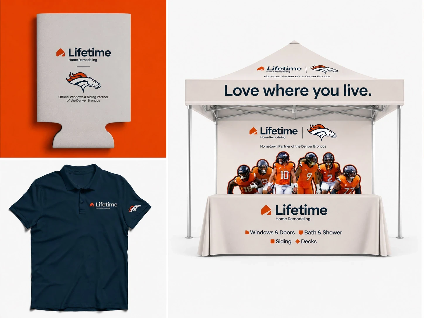 Lifetime and Denver Broncos partnership merchandise — koozie, navy embroidered polo, and event tent with team photo and "Love where you live" banner.