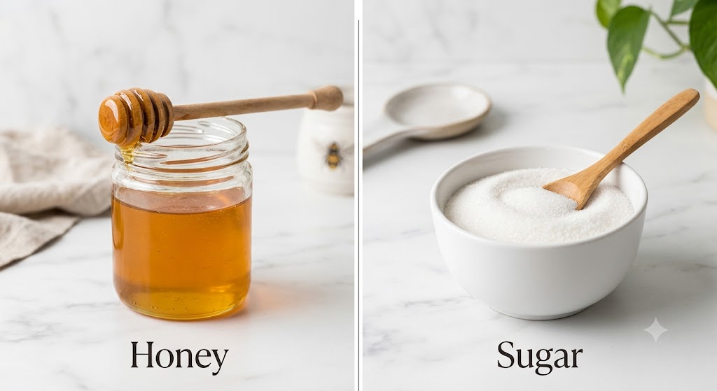 A split-screen photograph comparing a glass jar of golden honey with a wooden dipper on the left, labeled 'Honey', and a white bowl of granulated sugar with a wooden spoon on the right, labeled 'Sugar', set against a white marble background.