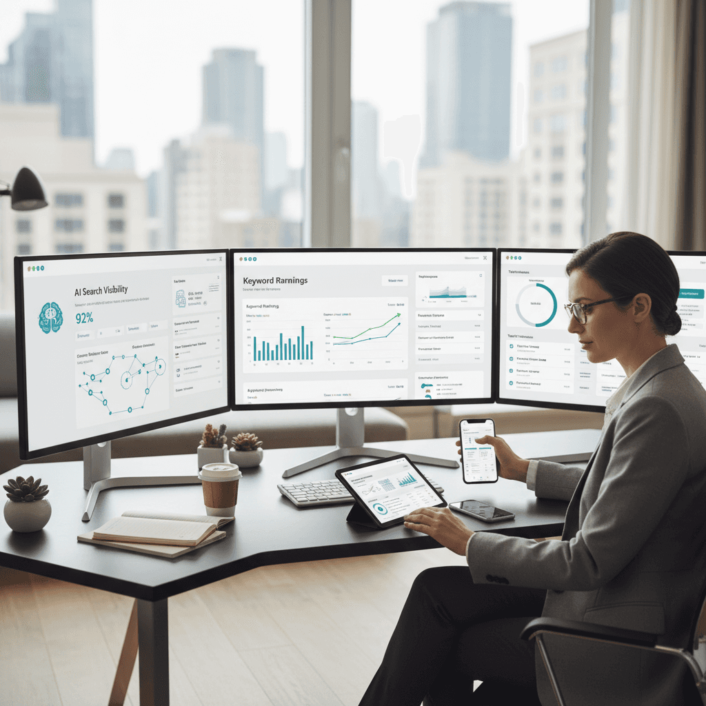 Best SEO tools for small business displayed on multiple screens showing rankings and AI search data